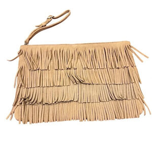 MNG Mango Beige Tan Fringe Clutch Bag Western